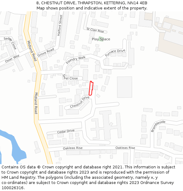 8, CHESTNUT DRIVE, THRAPSTON, KETTERING, NN14 4EB: Location map and indicative extent of plot