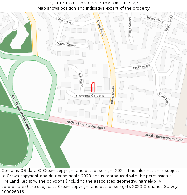 8, CHESTNUT GARDENS, STAMFORD, PE9 2JY: Location map and indicative extent of plot