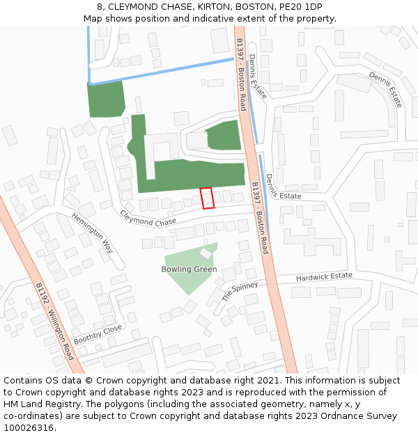 8, CLEYMOND CHASE, KIRTON, BOSTON, PE20 1DP: Location map and indicative extent of plot