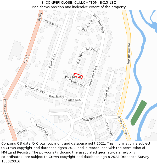 8, CONIFER CLOSE, CULLOMPTON, EX15 1SZ: Location map and indicative extent of plot