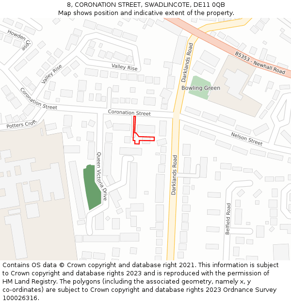 8, CORONATION STREET, SWADLINCOTE, DE11 0QB: Location map and indicative extent of plot
