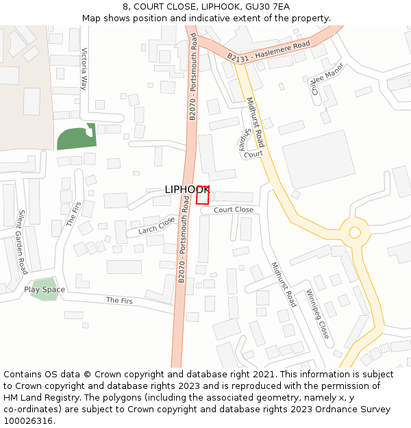 8, COURT CLOSE, LIPHOOK, GU30 7EA: Location map and indicative extent of plot