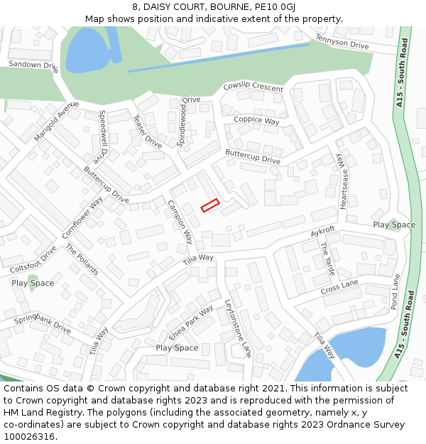 8, DAISY COURT, BOURNE, PE10 0GJ: Location map and indicative extent of plot