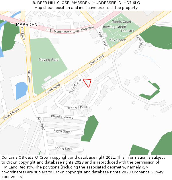 8, DEER HILL CLOSE, MARSDEN, HUDDERSFIELD, HD7 6LG: Location map and indicative extent of plot