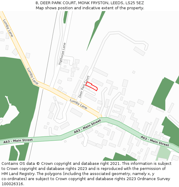 8, DEER PARK COURT, MONK FRYSTON, LEEDS, LS25 5EZ: Location map and indicative extent of plot