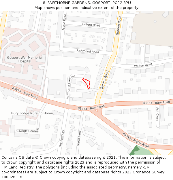 8, FAIRTHORNE GARDENS, GOSPORT, PO12 3PU: Location map and indicative extent of plot