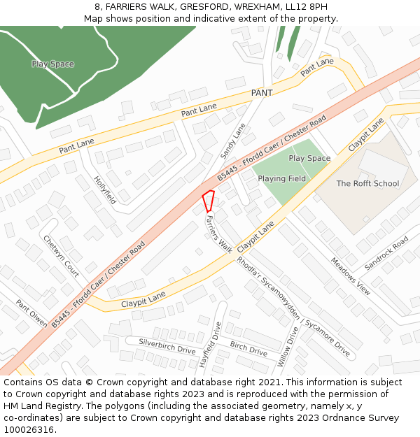 8, FARRIERS WALK, GRESFORD, WREXHAM, LL12 8PH: Location map and indicative extent of plot