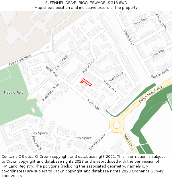 8, FENNEL DRIVE, BIGGLESWADE, SG18 8WD: Location map and indicative extent of plot