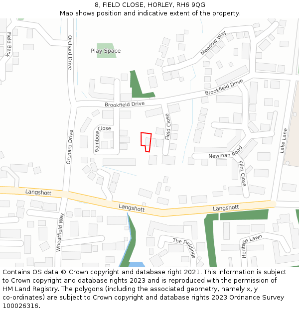 8, FIELD CLOSE, HORLEY, RH6 9QG: Location map and indicative extent of plot