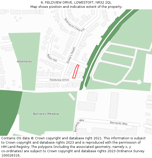 8, FIELDVIEW DRIVE, LOWESTOFT, NR32 2QL: Location map and indicative extent of plot