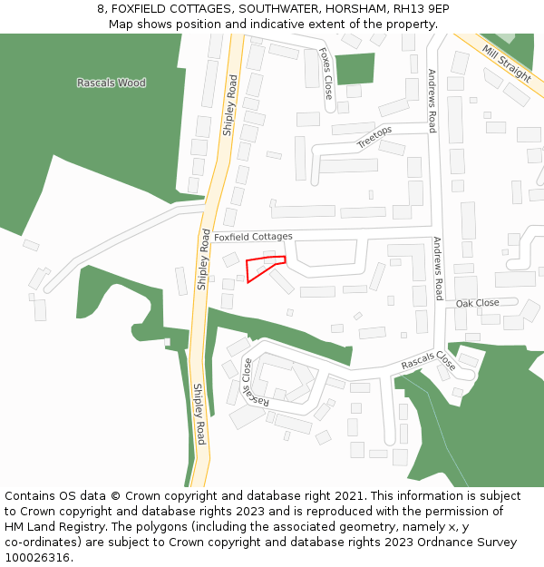 8, FOXFIELD COTTAGES, SOUTHWATER, HORSHAM, RH13 9EP: Location map and indicative extent of plot