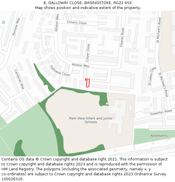 8, GALLOWAY CLOSE, BASINGSTOKE, RG22 6SX: Location map and indicative extent of plot