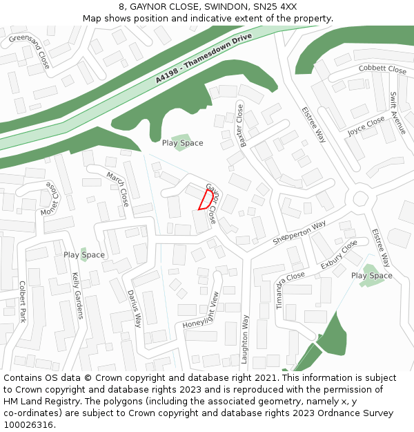 8, GAYNOR CLOSE, SWINDON, SN25 4XX: Location map and indicative extent of plot