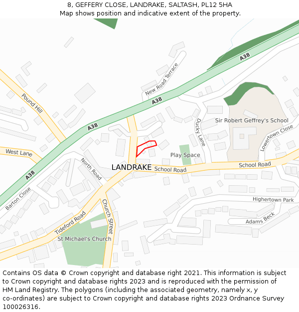 8, GEFFERY CLOSE, LANDRAKE, SALTASH, PL12 5HA: Location map and indicative extent of plot