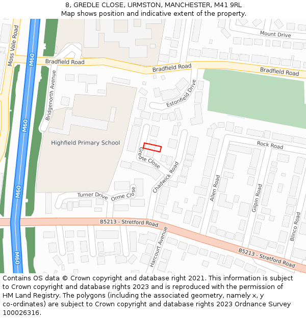 8, GREDLE CLOSE, URMSTON, MANCHESTER, M41 9RL: Location map and indicative extent of plot