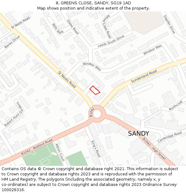 8, GREENS CLOSE, SANDY, SG19 1AD: Location map and indicative extent of plot