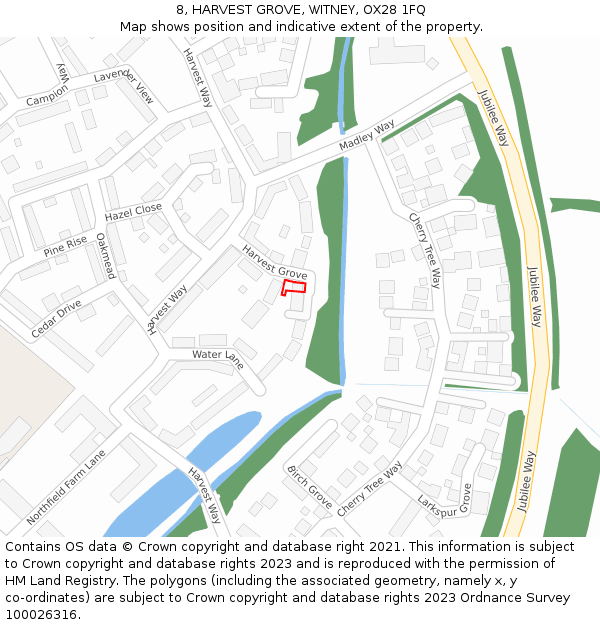 8, HARVEST GROVE, WITNEY, OX28 1FQ: Location map and indicative extent of plot