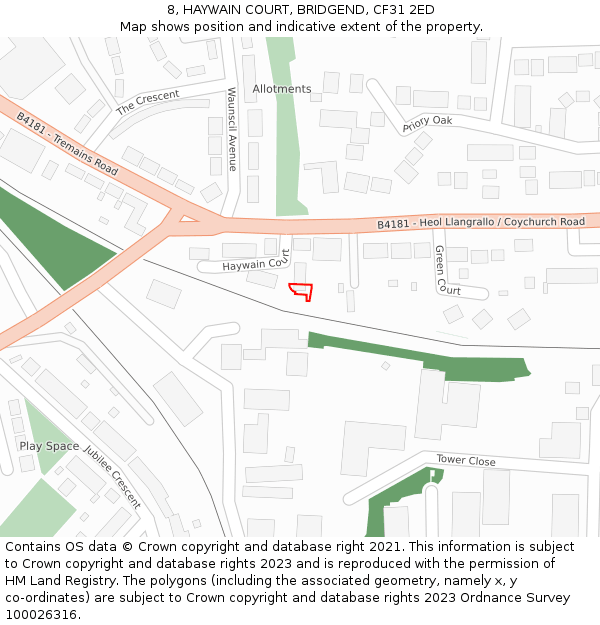 8, HAYWAIN COURT, BRIDGEND, CF31 2ED: Location map and indicative extent of plot