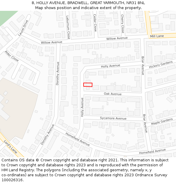 8, HOLLY AVENUE, BRADWELL, GREAT YARMOUTH, NR31 8NL: Location map and indicative extent of plot