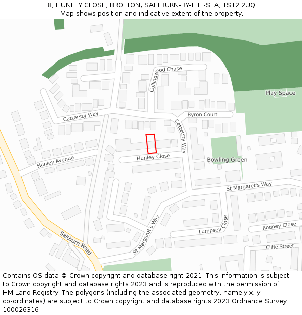 8, HUNLEY CLOSE, BROTTON, SALTBURN-BY-THE-SEA, TS12 2UQ: Location map and indicative extent of plot