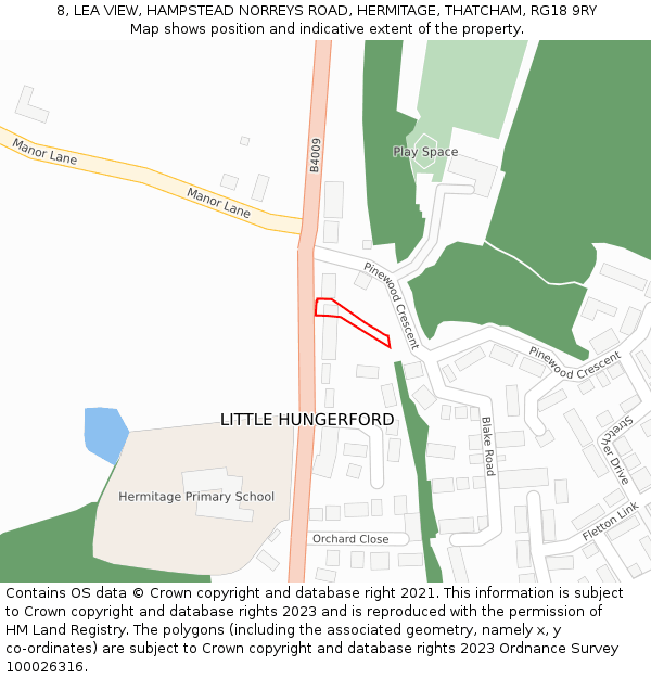 8, LEA VIEW, HAMPSTEAD NORREYS ROAD, HERMITAGE, THATCHAM, RG18 9RY: Location map and indicative extent of plot