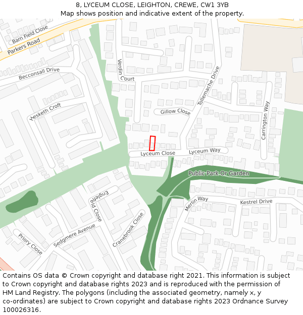 8, LYCEUM CLOSE, LEIGHTON, CREWE, CW1 3YB: Location map and indicative extent of plot