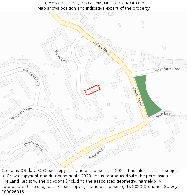 8, MANOR CLOSE, BROMHAM, BEDFORD, MK43 8JA: Location map and indicative extent of plot