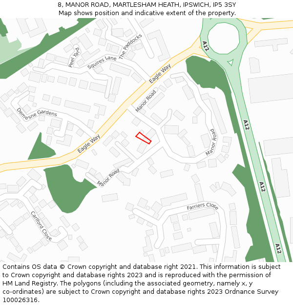 8, MANOR ROAD, MARTLESHAM HEATH, IPSWICH, IP5 3SY: Location map and indicative extent of plot