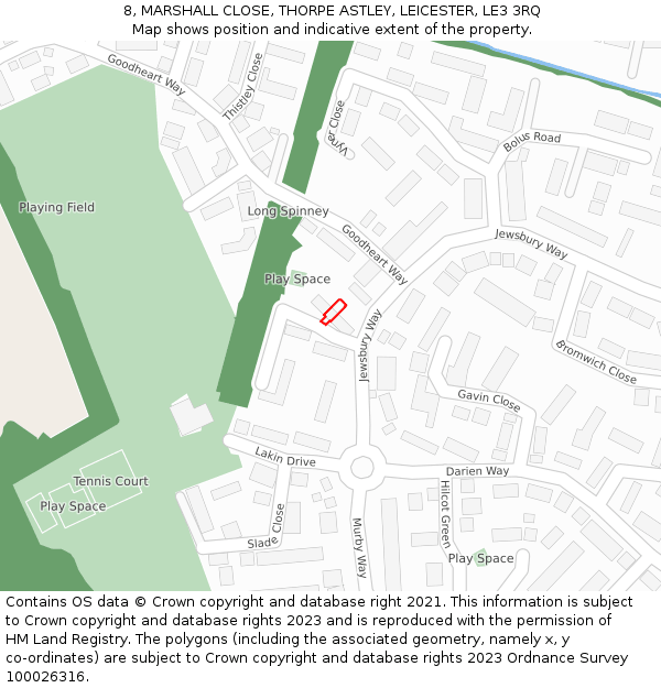 8, MARSHALL CLOSE, THORPE ASTLEY, LEICESTER, LE3 3RQ: Location map and indicative extent of plot