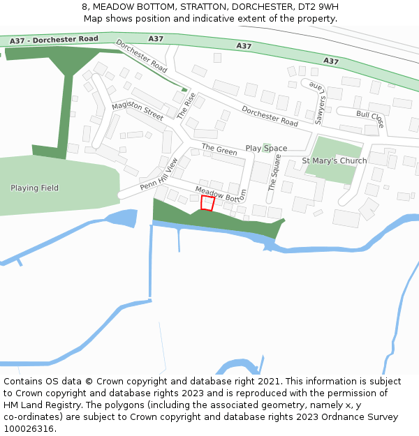 8, MEADOW BOTTOM, STRATTON, DORCHESTER, DT2 9WH: Location map and indicative extent of plot