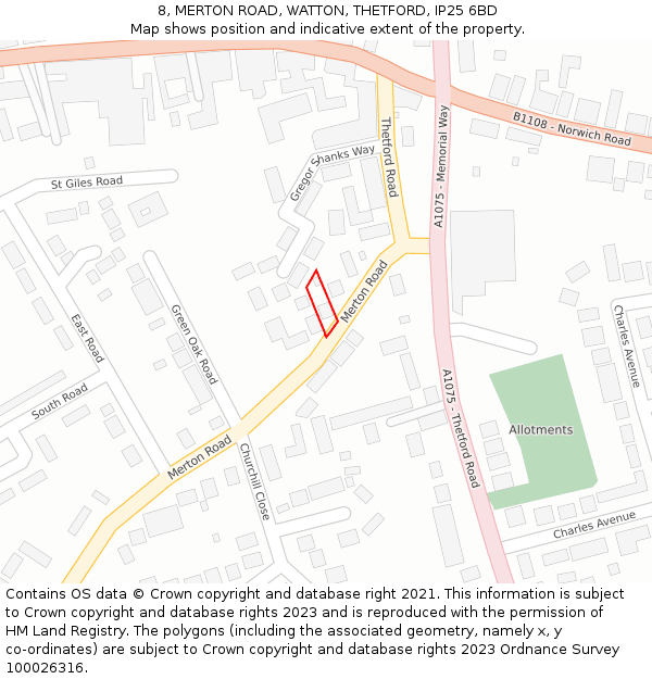 8, MERTON ROAD, WATTON, THETFORD, IP25 6BD: Location map and indicative extent of plot