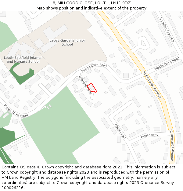 8, MILLGOOD CLOSE, LOUTH, LN11 9DZ: Location map and indicative extent of plot