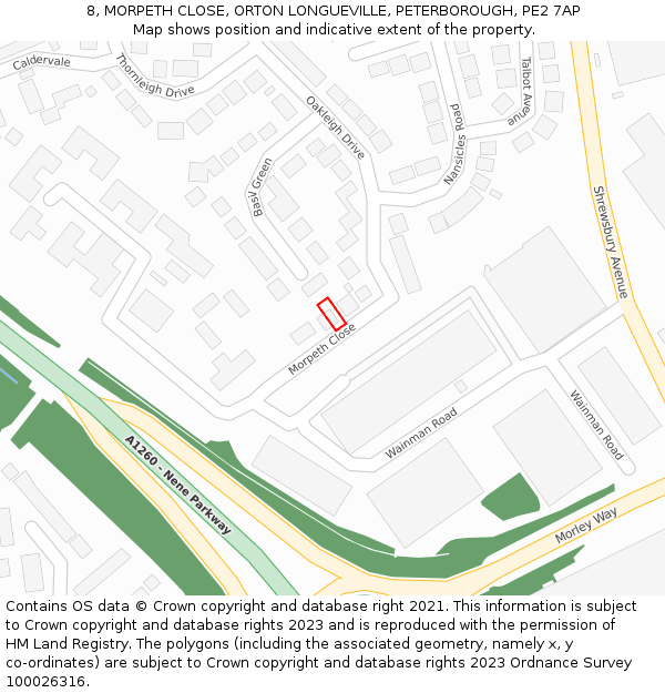 8, MORPETH CLOSE, ORTON LONGUEVILLE, PETERBOROUGH, PE2 7AP: Location map and indicative extent of plot