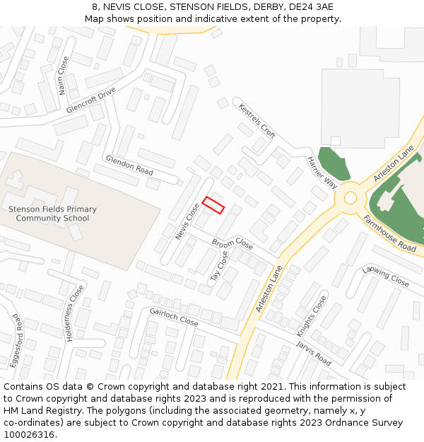 8, NEVIS CLOSE, STENSON FIELDS, DERBY, DE24 3AE: Location map and indicative extent of plot