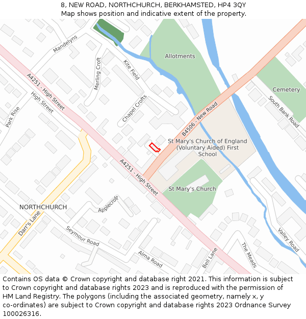 8, NEW ROAD, NORTHCHURCH, BERKHAMSTED, HP4 3QY: Location map and indicative extent of plot