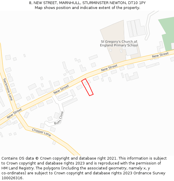 8, NEW STREET, MARNHULL, STURMINSTER NEWTON, DT10 1PY: Location map and indicative extent of plot