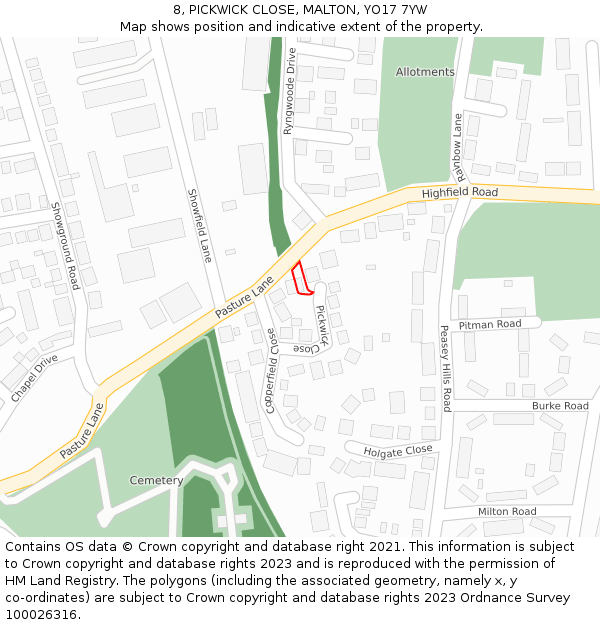 8, PICKWICK CLOSE, MALTON, YO17 7YW: Location map and indicative extent of plot