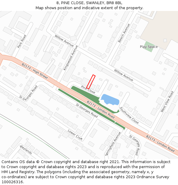 8, PINE CLOSE, SWANLEY, BR8 8BL: Location map and indicative extent of plot