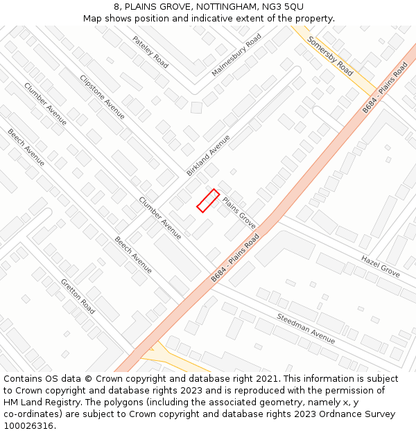 8, PLAINS GROVE, NOTTINGHAM, NG3 5QU: Location map and indicative extent of plot