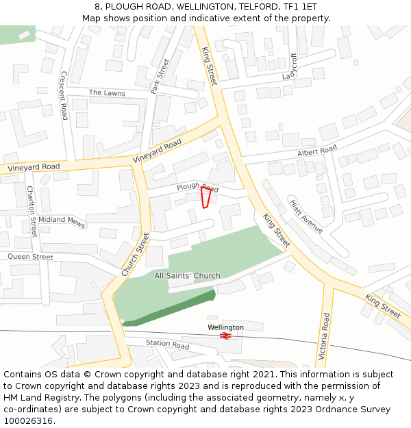 8, PLOUGH ROAD, WELLINGTON, TELFORD, TF1 1ET: Location map and indicative extent of plot