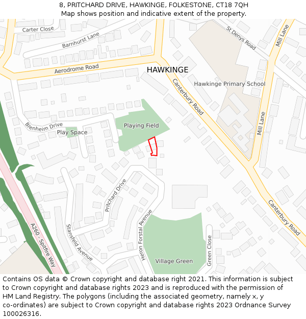 8, PRITCHARD DRIVE, HAWKINGE, FOLKESTONE, CT18 7QH: Location map and indicative extent of plot