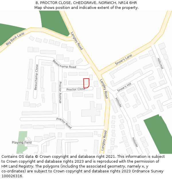 8, PROCTOR CLOSE, CHEDGRAVE, NORWICH, NR14 6HR: Location map and indicative extent of plot