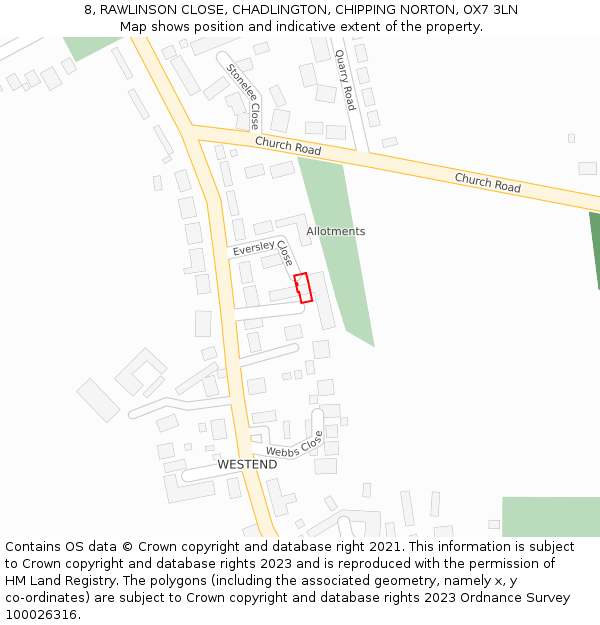 8, RAWLINSON CLOSE, CHADLINGTON, CHIPPING NORTON, OX7 3LN: Location map and indicative extent of plot