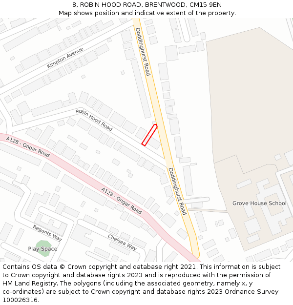 8, ROBIN HOOD ROAD, BRENTWOOD, CM15 9EN: Location map and indicative extent of plot