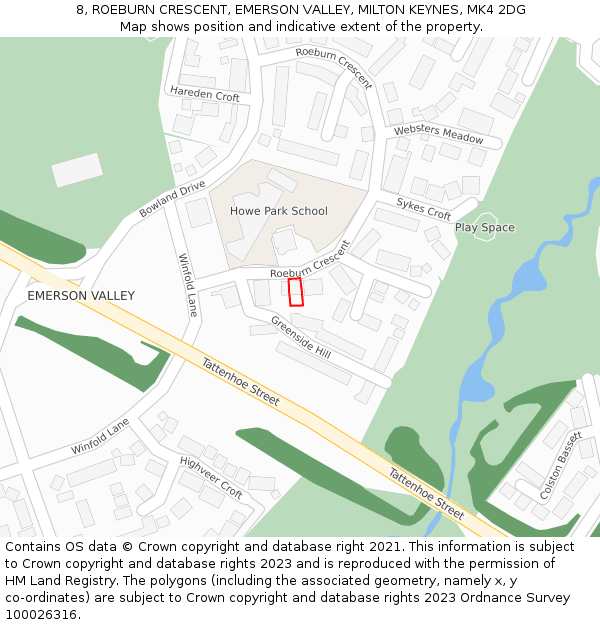 8, ROEBURN CRESCENT, EMERSON VALLEY, MILTON KEYNES, MK4 2DG: Location map and indicative extent of plot