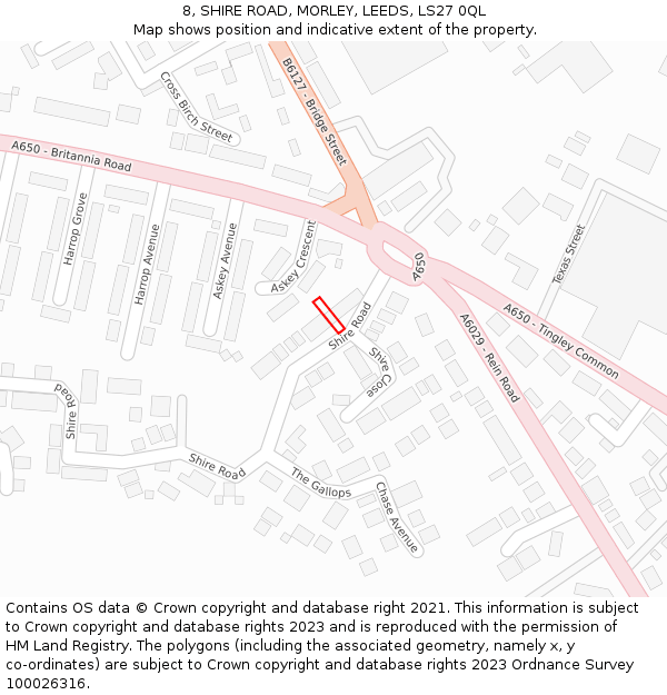 8, SHIRE ROAD, MORLEY, LEEDS, LS27 0QL: Location map and indicative extent of plot