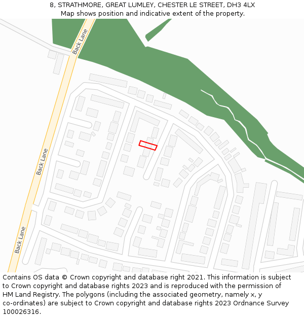 8, STRATHMORE, GREAT LUMLEY, CHESTER LE STREET, DH3 4LX: Location map and indicative extent of plot