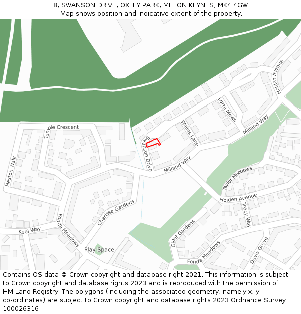 8, SWANSON DRIVE, OXLEY PARK, MILTON KEYNES, MK4 4GW: Location map and indicative extent of plot