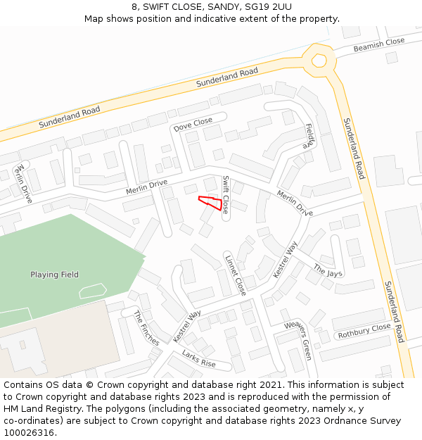 8, SWIFT CLOSE, SANDY, SG19 2UU: Location map and indicative extent of plot