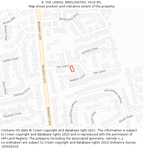 8, THE LAWNS, BRIDLINGTON, YO16 6FL: Location map and indicative extent of plot